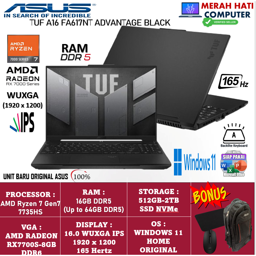 Laptop Gaming ASUS TUF A16 FA617NT Advantage Amd Ryzen 7 7735HS 32GB DDR5 2TB SSD  RX7700S-8GB 16 Wu