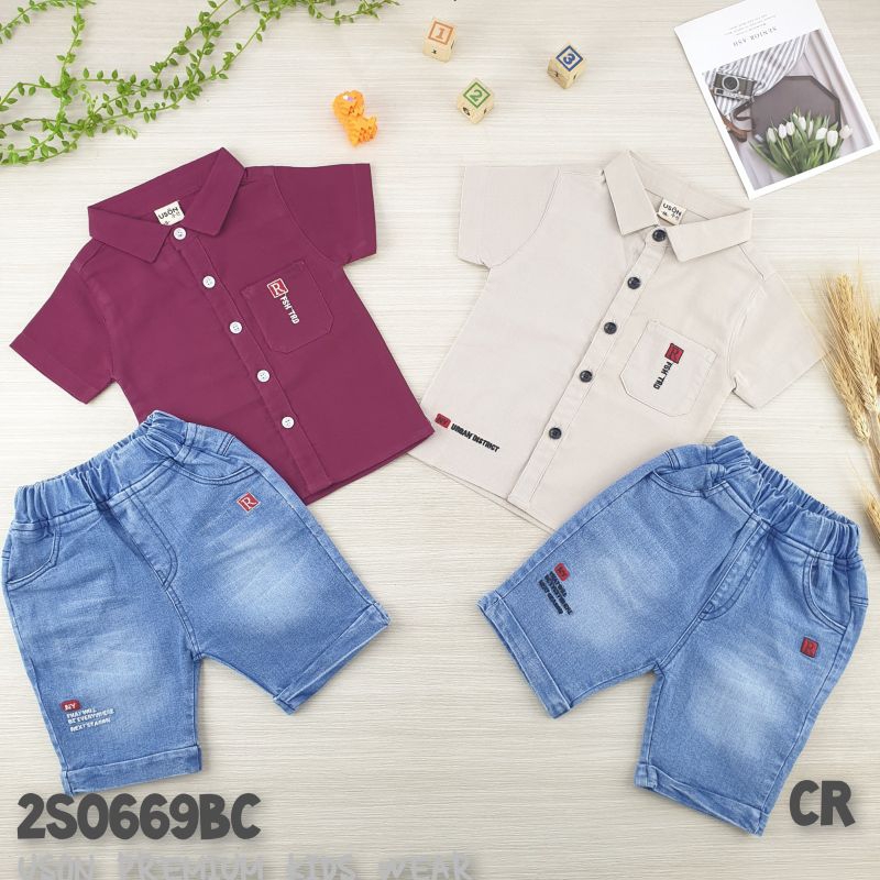 Uson Premium Kids Wear Setelan Kemeja Celana Jeans Pendek anak Cowok Ukuran 100-130