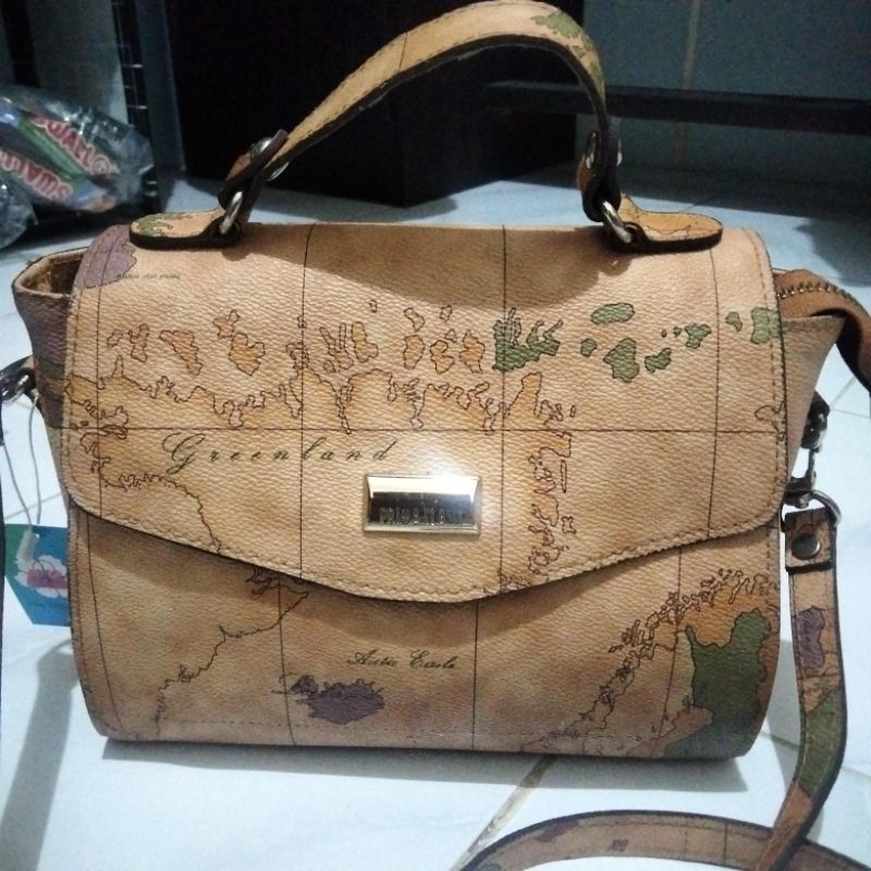 Tas kulit tali panjang coklat muda motif peta murah