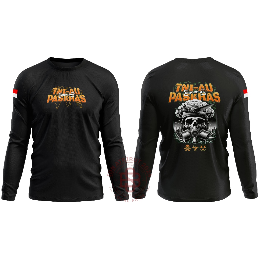 BAJU KAOS TAKTICAL LENGAN PANJANG SKULL DESIGN CONCEFT PASKHAS TNI-AU HITAM PREMIUM
