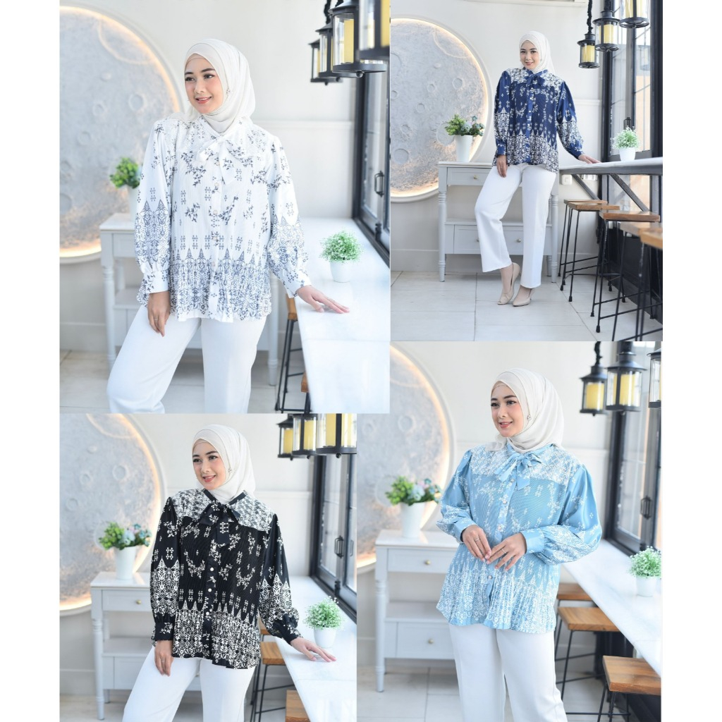 Blouse wanita baju atasan korea blouse motif silk plisket baju atasan wanita