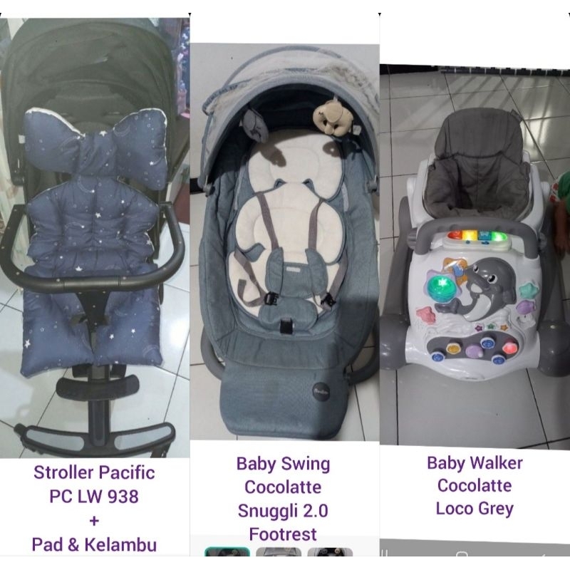 Preloved Stroller Pacific Baby Swing dan Baby Walker Cocolatte (Paket Set Komplit)