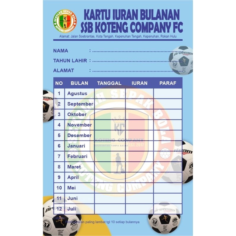 

KARTU IURAN FOOTBALL/BOLA CUSTOM NAMA ALAMAT DAN LOGO