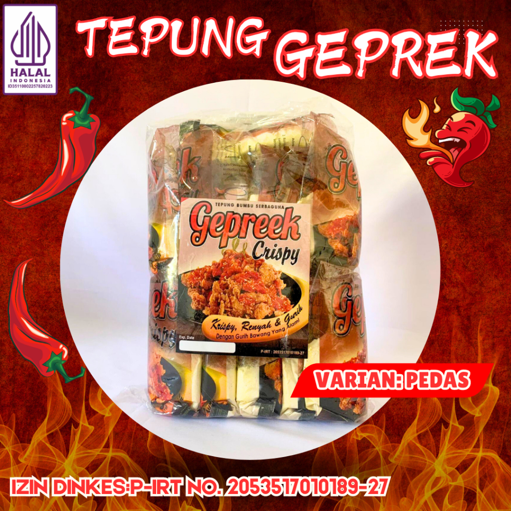 

TERMURAH! tepung crispy geprek untuk ayam geprek/tepung serbaguna geprek isi 10 bungkus varian PEDAS