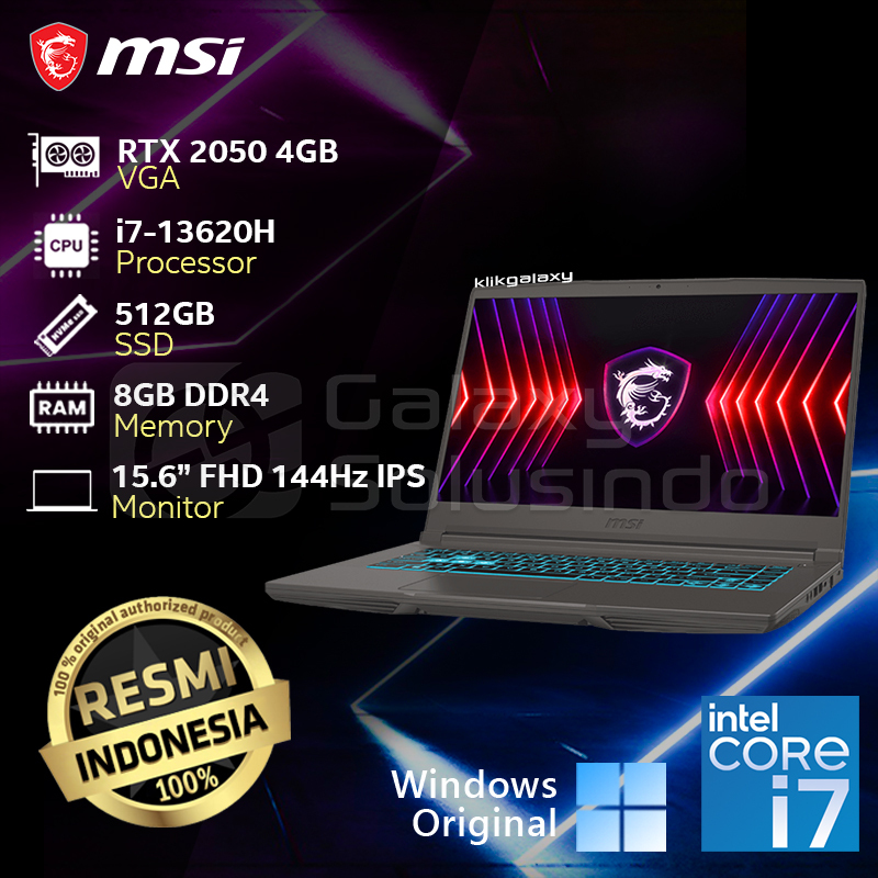 MSI 15 B13UCX 2408ID - THIN RTX2050 4GB Intel Core i7-13620H 512GB SSD 8GB RAM 15.6" FHD 144Hz Win11
