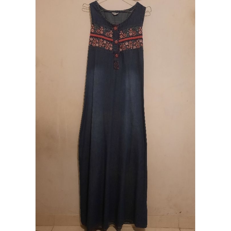 Baju Overall Panjang Wanita Bermotif  (Preloved) (Tanpa Lengan) (Warna Biru Jeans) (NO DEFECT) (Ukur