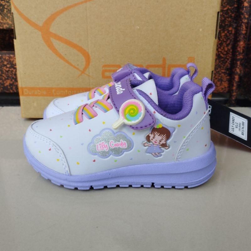 Sepatu Ando Original Lily Candy Velcro Perekat Putih Ungu White Purple