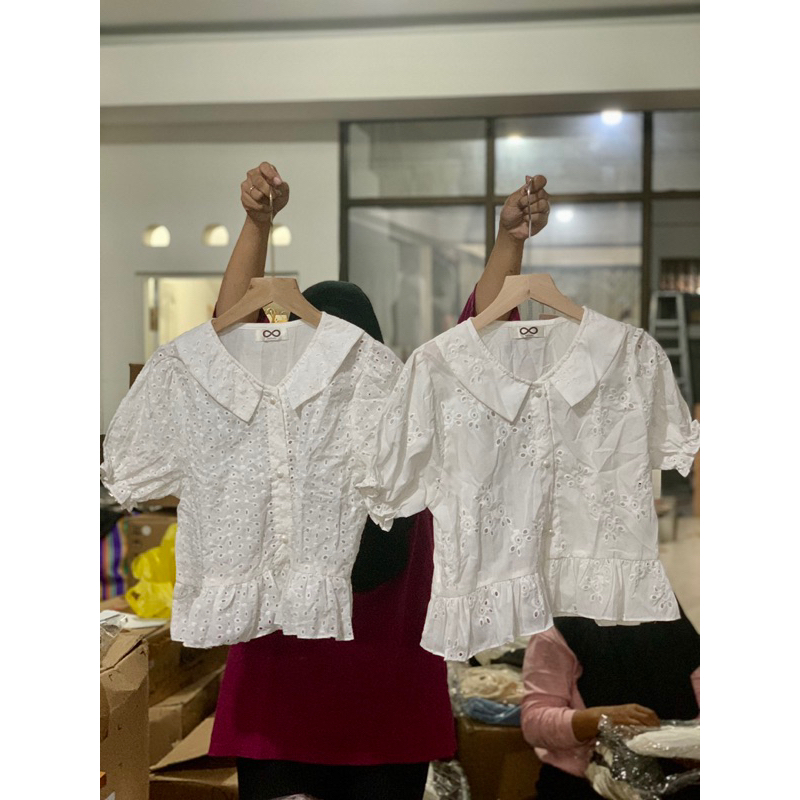 BLUS KATUN BOLONG PUTIH BUNGA BUNGA CTL177