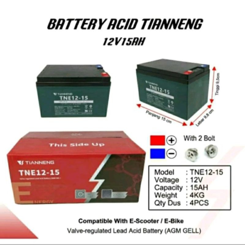 Aki Sepeda Listrik TIAN NENG 12V12AH // 12V14AH // 12V15AH cocok untuk semua merk Sepeda Listrik