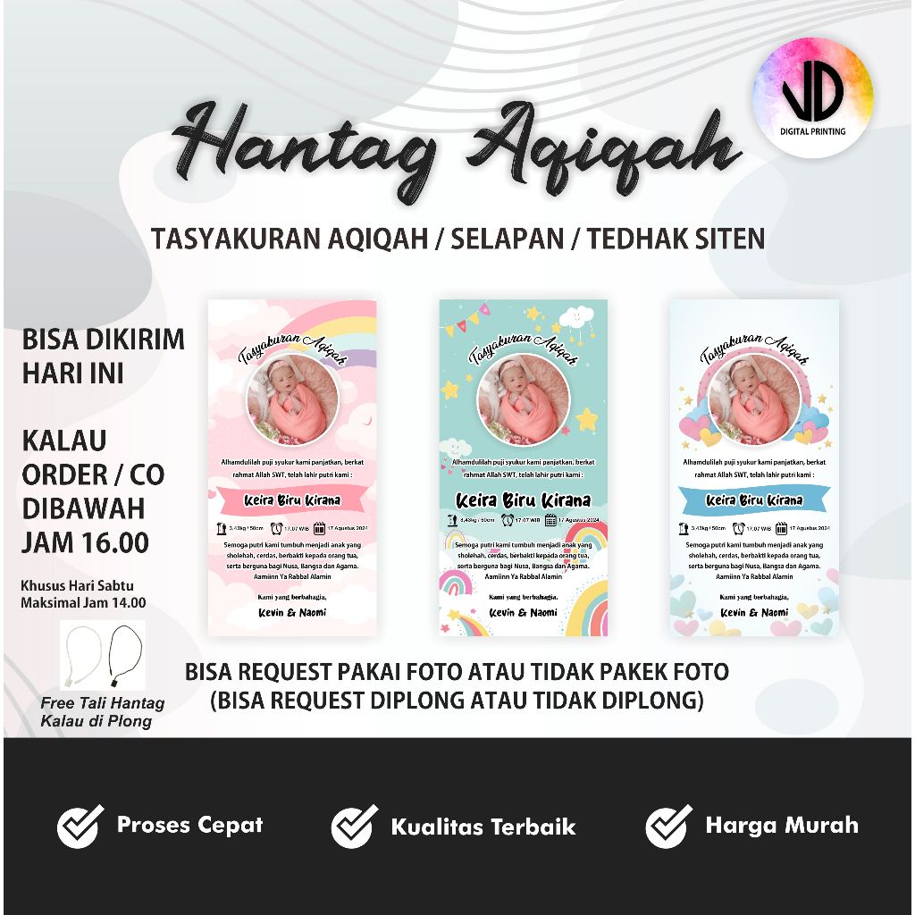Hang tag kartu ucapan Tasyakuran Aqiqah / Selapan / Tedhak Siten, bisa custom kata-kata untuk acara 