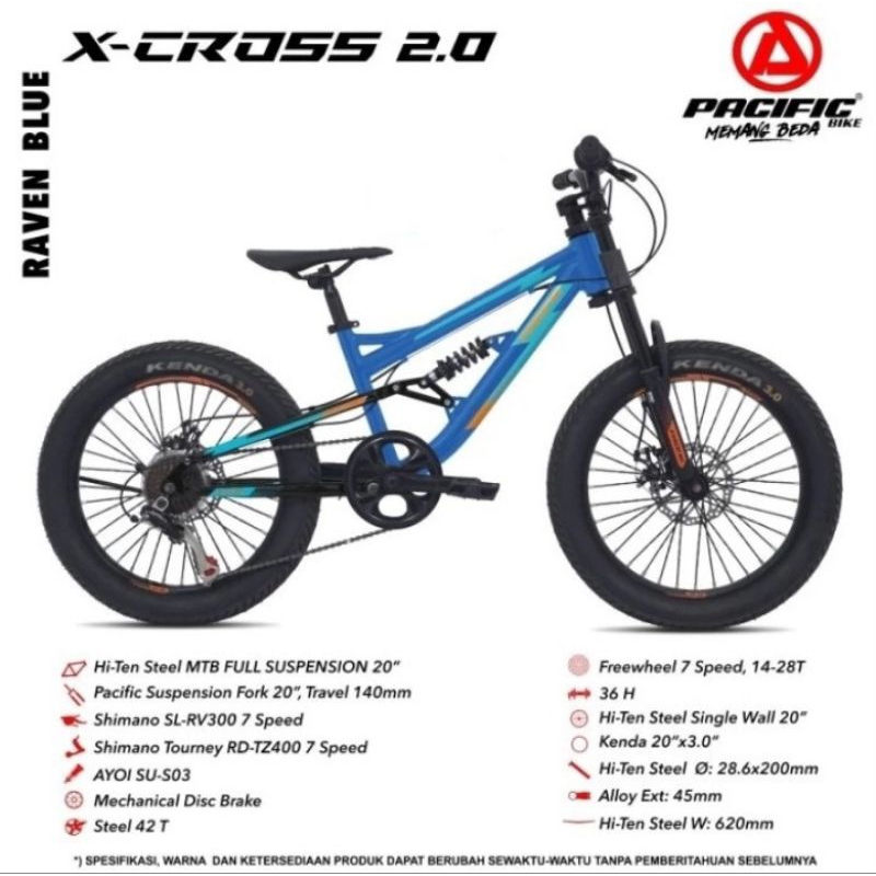 Sepeda MTB 20 inc Pacific XCROSS 2.0 Fullsus 7 speed sepeda gunung anak