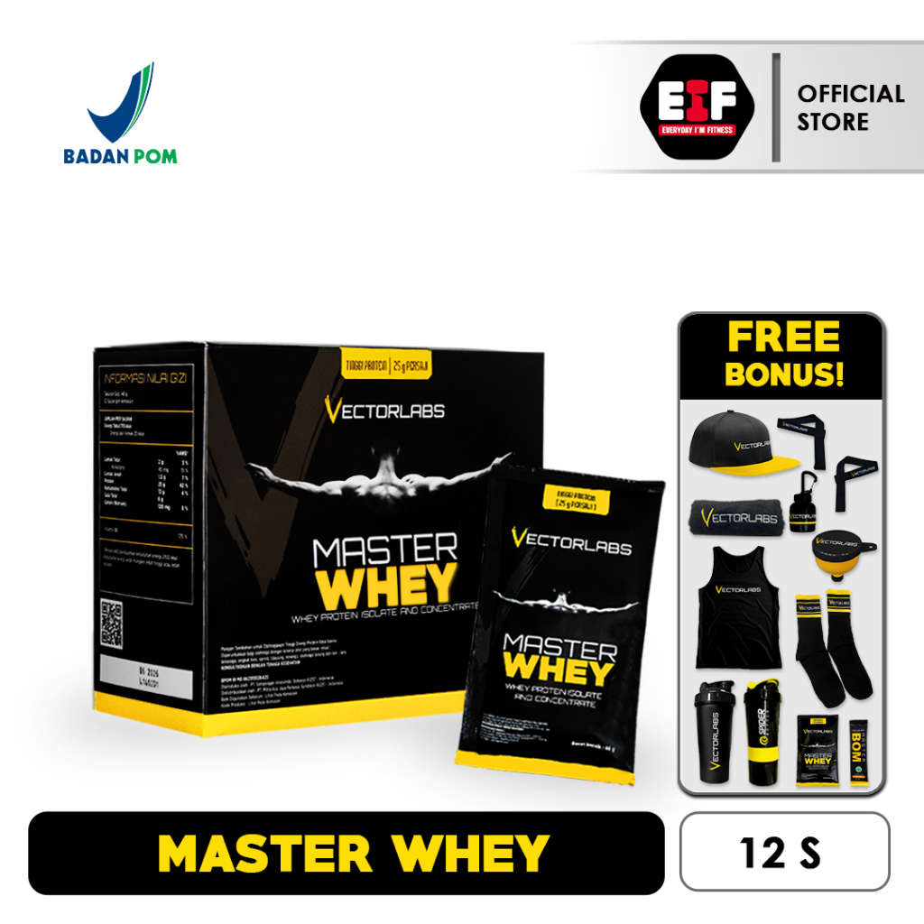MASTER WHEY VECTORLABS 12 SACHET S SUSU FITNESS WHEY PROTEIN CONCENTRATE AND ISOLATE BPOM HALAL FITN