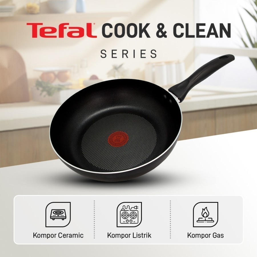 Tefal Cook & Clean Wokpan 28 cm + Lid TLCCWPB2257295-A | Teflon 28 cm plus Penutup Wokpan