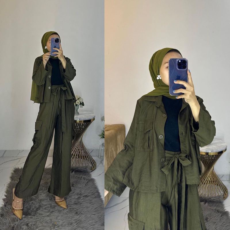 One Set Wanita Hijab Setia Cargo Bahan Premium Linen by khasmafashion