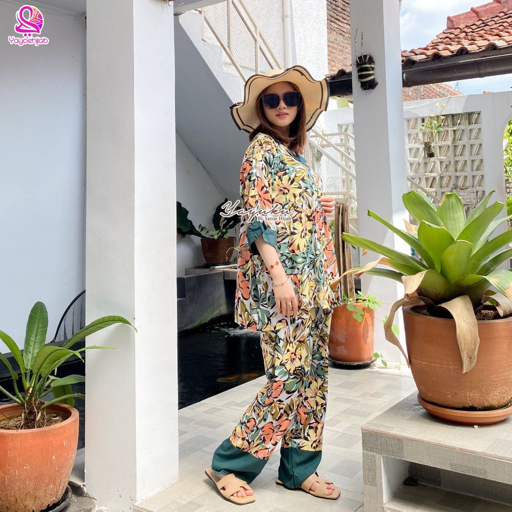 Kimi One Set Piyama Wanita Busui Katun Rayon Motif Mix Setelan Kemeja Kulot Kekinian Yayuku