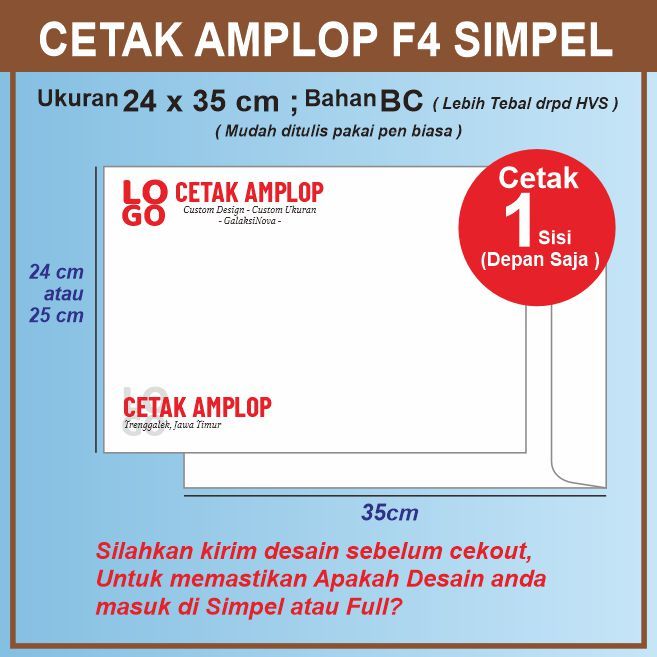 

Amplop F4 BC Cetak 1 Sisi Simpel | Amplop Folio Lebih Tebal daripada HVS | Amplop Besar Perusahaan Ukuran 24x35 cm 25x35 cm Bahan BC Cetak Laser