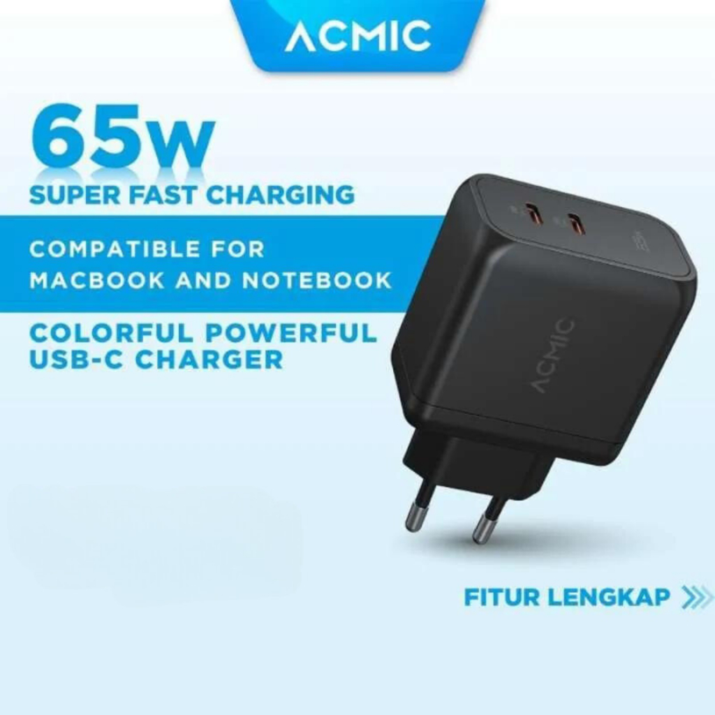 Adaptor ACMIC (CPD65 Pro) GaN 2 USB-C + 1 USB-A 65W Fast Charger - Black