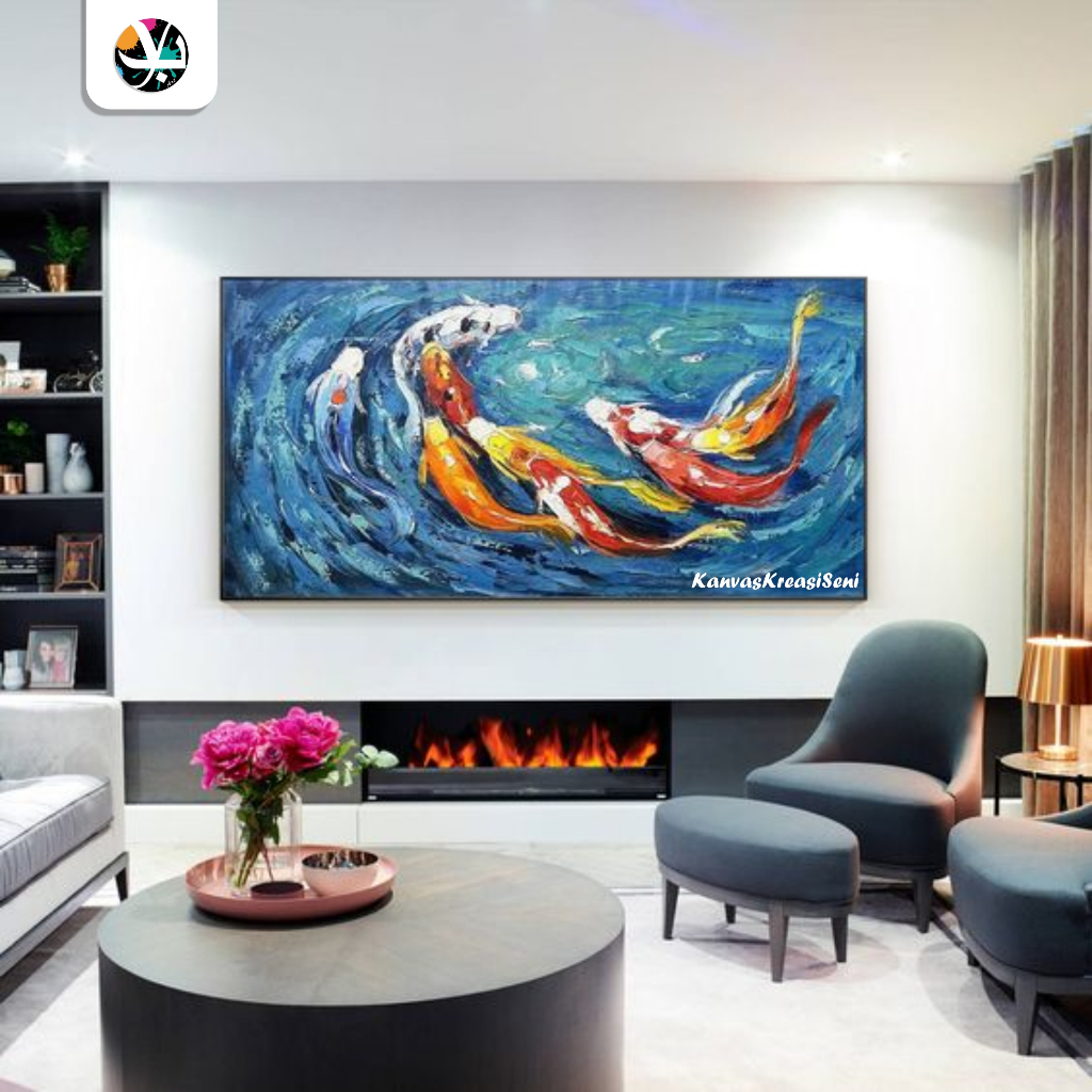 Lukisan kanvas ikan koi fengshui - lukisan kanvas ikan koi expresif - lukisan ikan koi timbul
