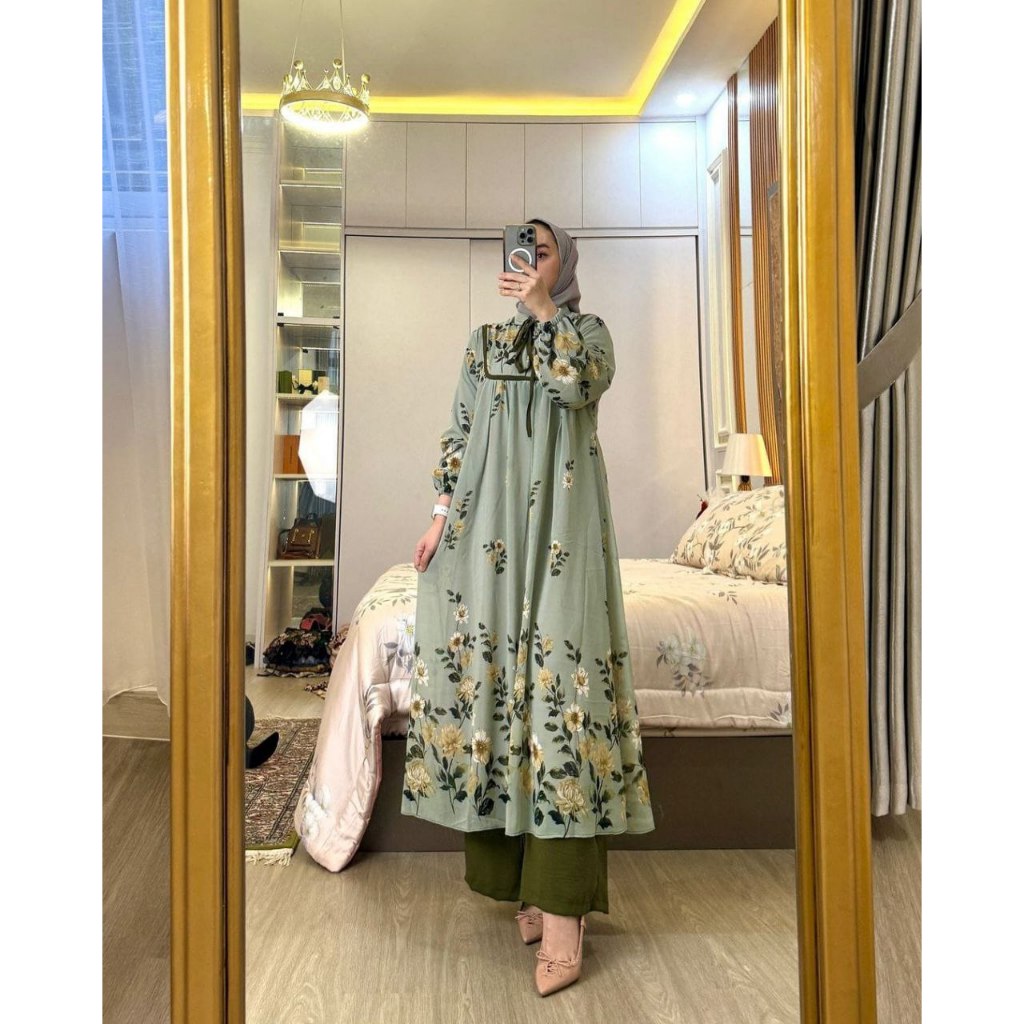 . DAHLIA Setelan Long Tunik Set Wanita Terbaru Muslimah Premium Muslim Kekinian Dress Rok Celana