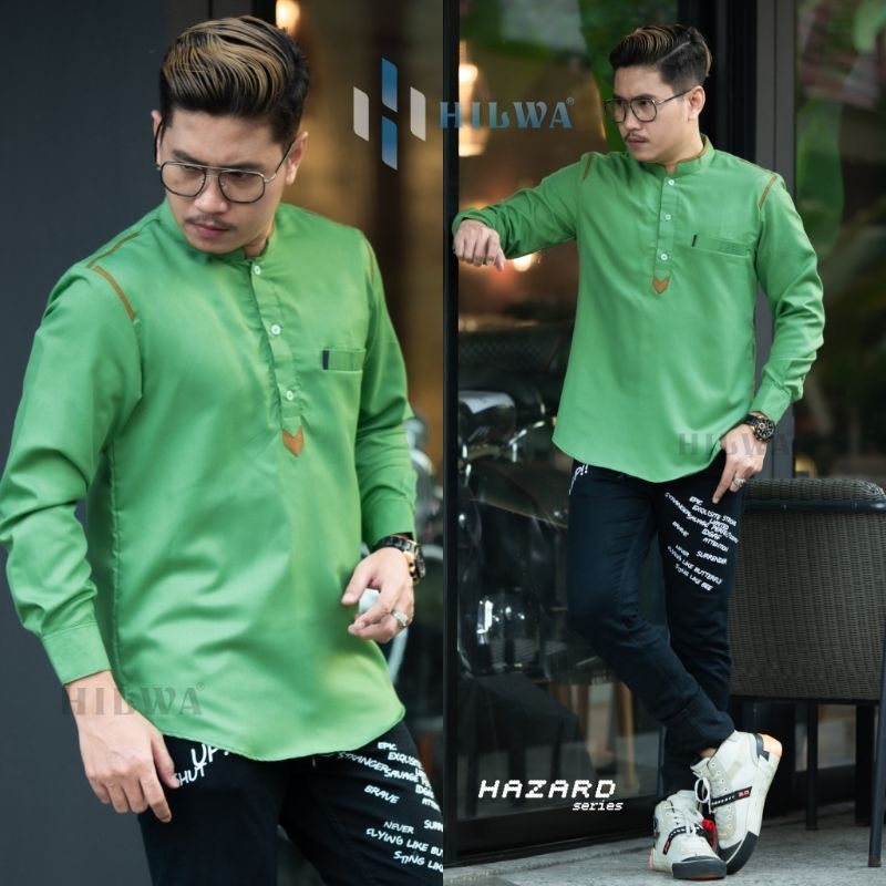 Hilwa official Baju koko pria dewasa lengan panjang sragam azzahir warna hijau apel motif Hazard ori