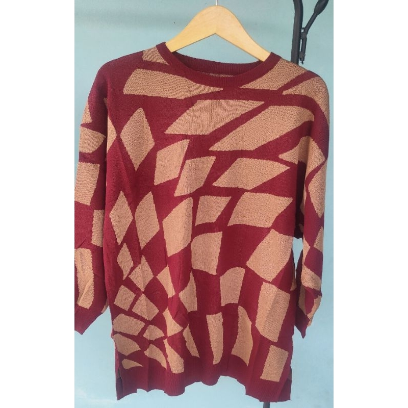 DRESS TUNIK TERBARU BKK MOTIF / RAJUT IMPORT BKK/ TUNIK PREMIUM LEMBUT CANTIK MAROON