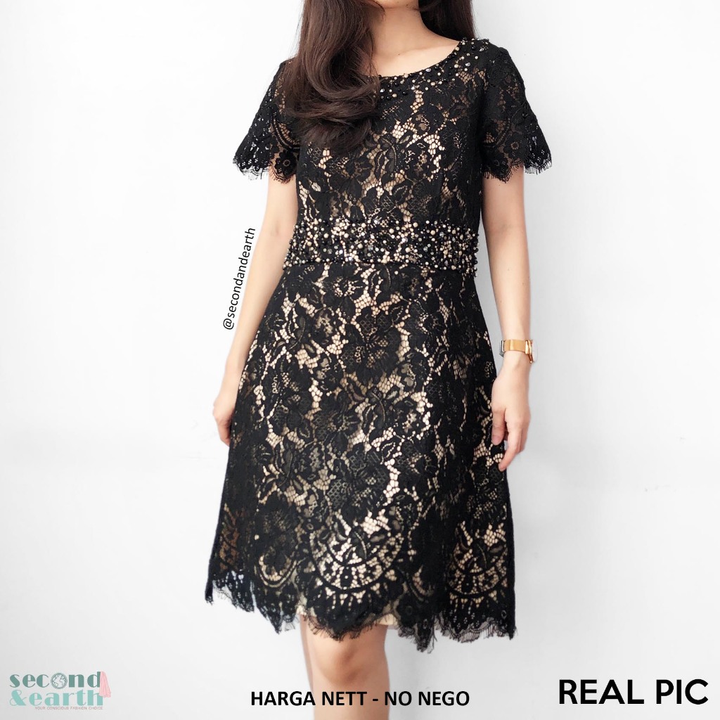 PREMIUM Dress Brokat (S-M) Terusan Pesta Lengan Pendek ALine Flare Broklat Saten Hitam Gold Payet Sh