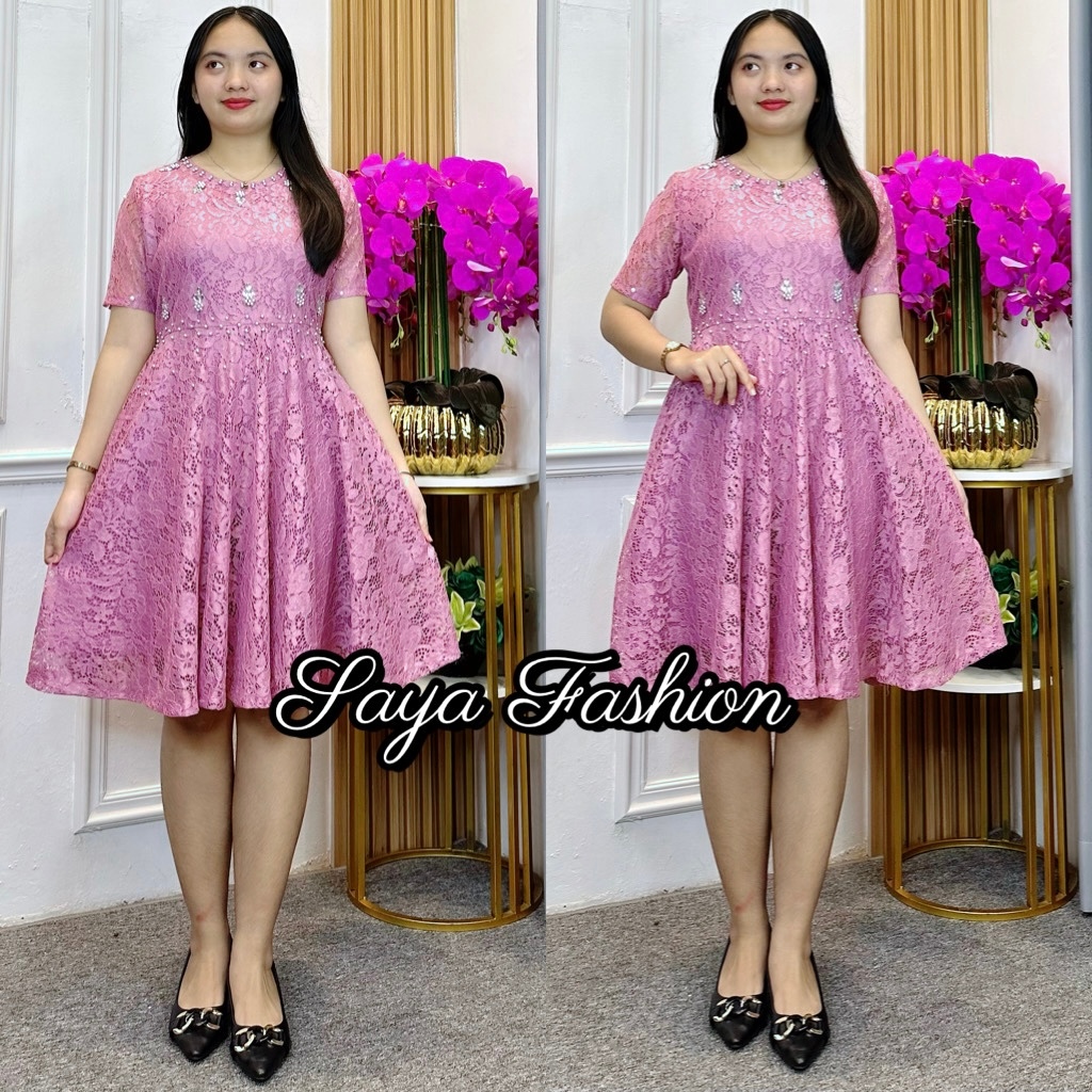 Midi Dress Brokat Dusty Pink Permata Baju Pesta Wanita Kasual 50490 M18