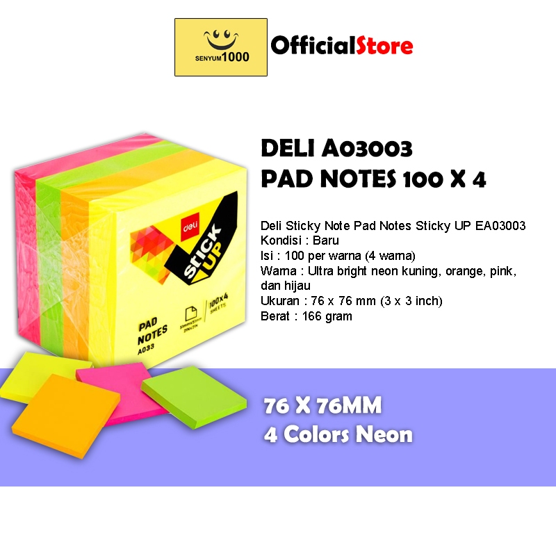 

Deli Sticky Note Pad Notes Sticky UP 76 x 76 mm EA03003