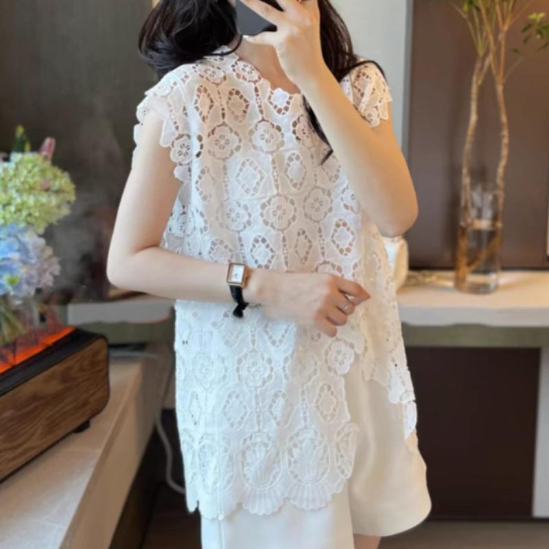 2194 pakaian fashion luaran Auter outer lace renda brokat lengan pendek cantik manis gaya cewek Kore