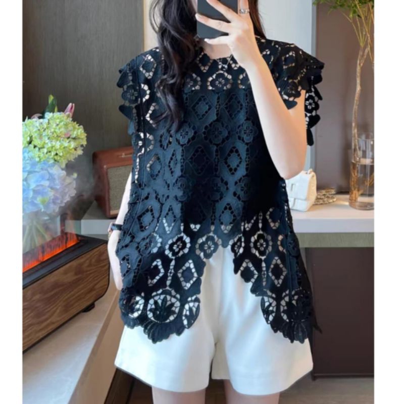 2194 Baju atasan blouse MEZALINA ASYMMETRIC LACE BROKAT TOP lengan pendek luaran hitam putih Korean 