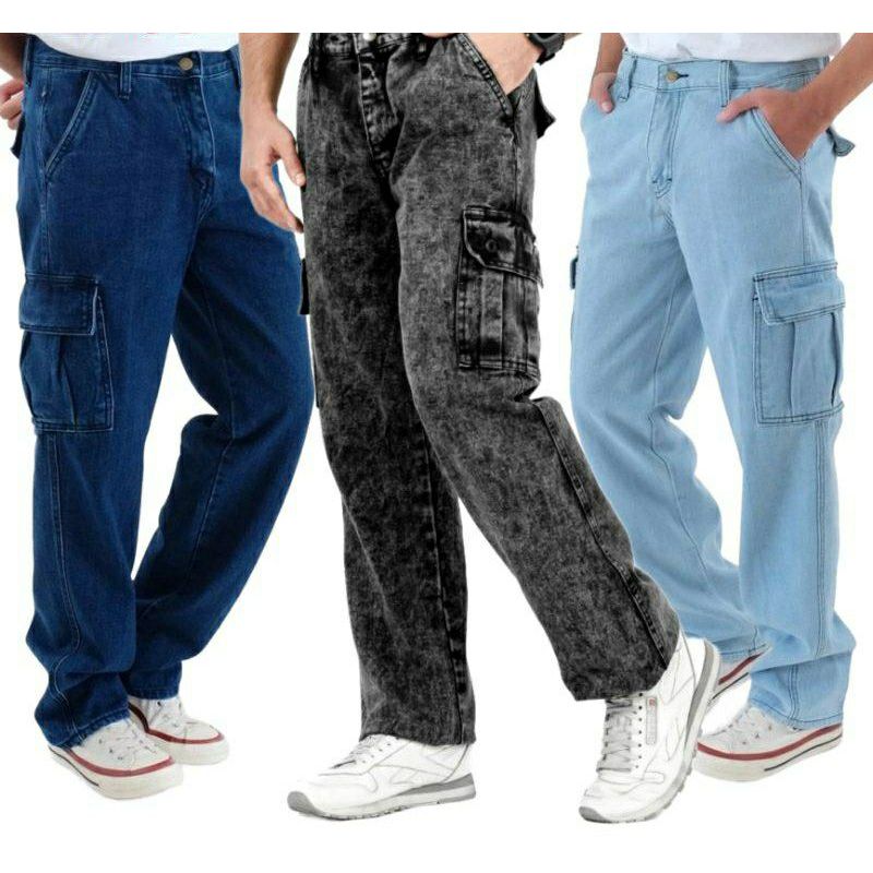 celana cargo panjang pria gombrong Korean style loose cargo pants blue jeans kulot pants denim cowok