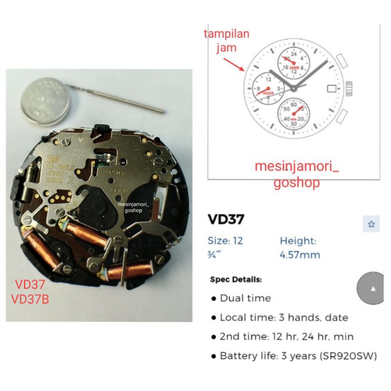 mesin jam VD37 VD37B VD38 VD38B Japan