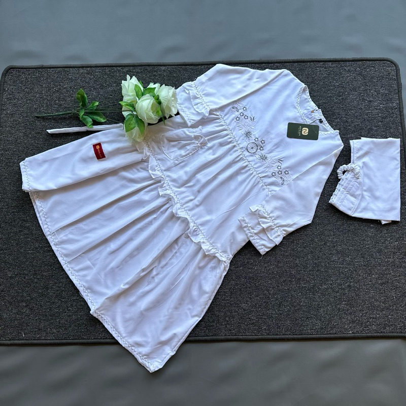Gamis Putih Manasik Haji Bahan Katun Adem Lembut  Warna Putih Bordir Bunga / Gamis Putih Anak Simpel