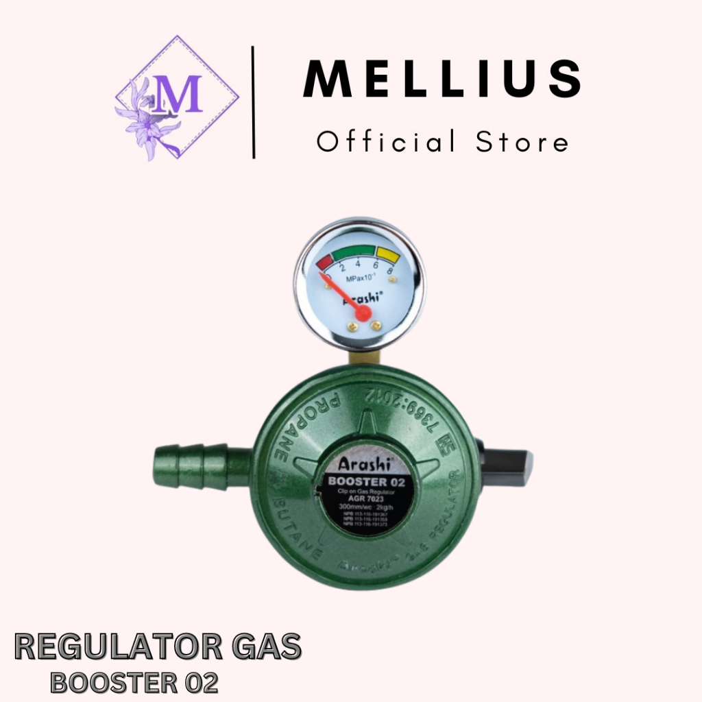 Gas LPG Regulator dengan Pressure Gauge Arashi Booster 02 AGR 7023 Anti Bocor Instalasi Mudah SNI Di