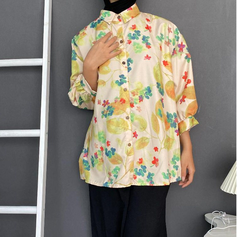 [WENDA BUNGA]Blouse wanita bunga kuning lengan kantor kerja hijab friendly  BAHAN POLYESTER