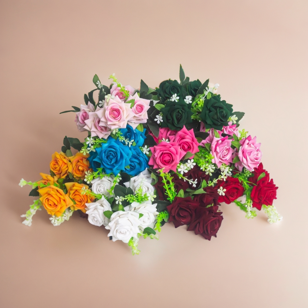 Dekorasi Rumah - Bunga Mawar Beludru Artificial Plastik 5 Tangkai Murah