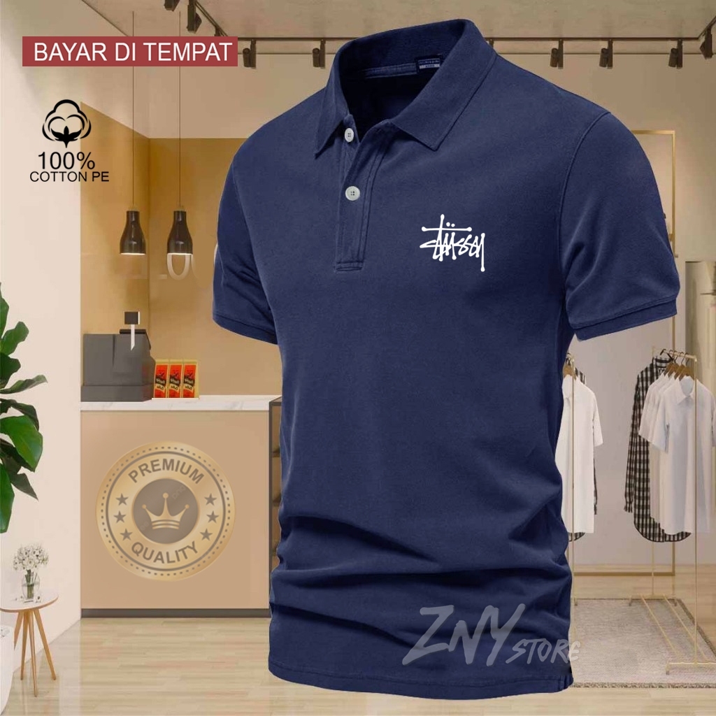 COD T-shrit POLO kerah Stussy logo Putih Baju Kaos Kerah Dewasa Shirt / Kaos Wangki Pria Polo / Kaos