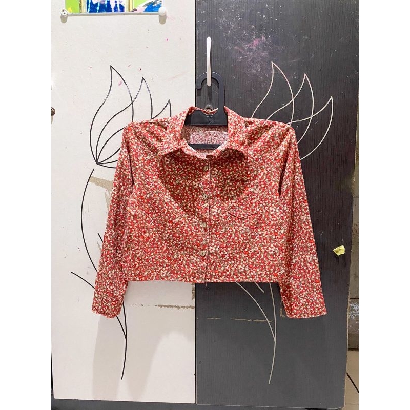 Kemeja Crop Wanita / Atasan Kemeja Crop Top / Kemeja motif bunga bunga / Korean Style