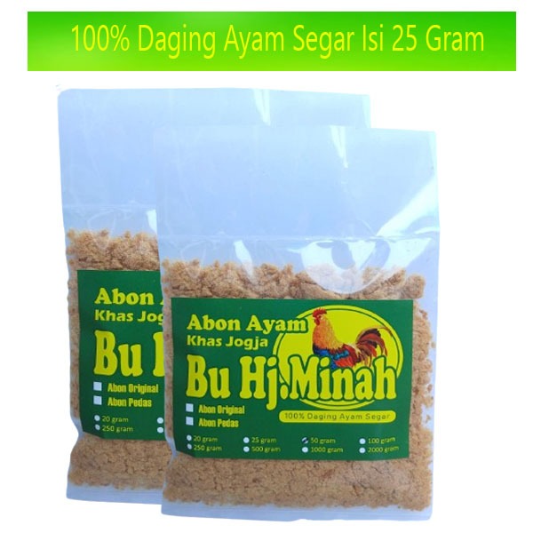 

Abon Ayam Original Khas Jogja Bu Hj Minah isi 25 Gram 100% Daging Ayam Segar