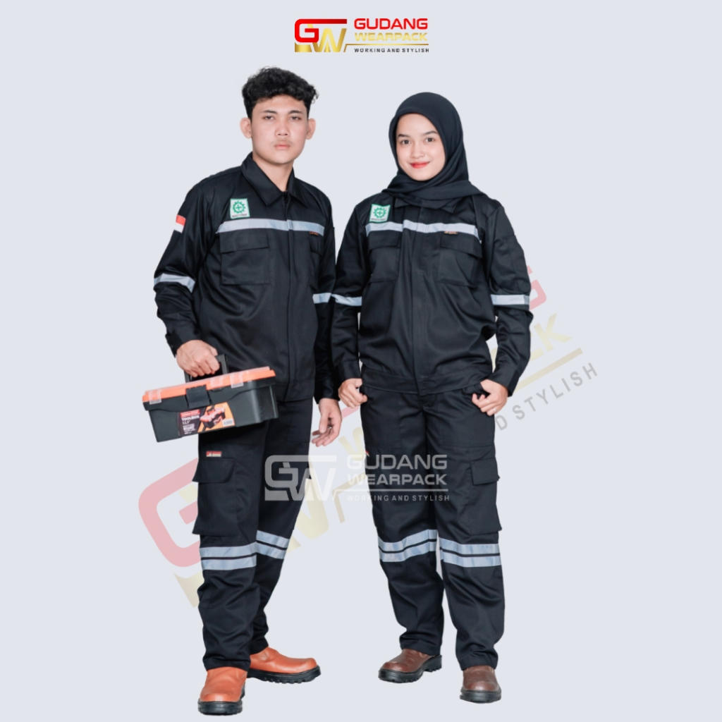 WEARPACK SETELAN Wearpack HITAM POLOS/lengan panjang/sleting/SETELAN baju KERJA (setelan standar)