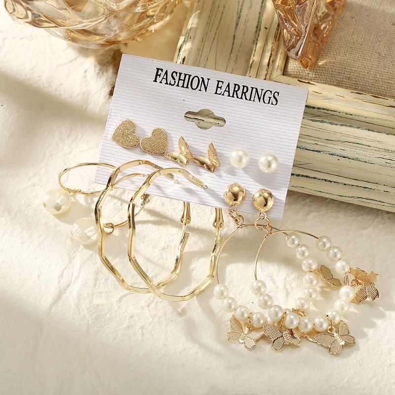 ANT-10 Anting set tusuk mutiara set 6 pasang warna gold emas korean fashion hoop korea untuk acara p