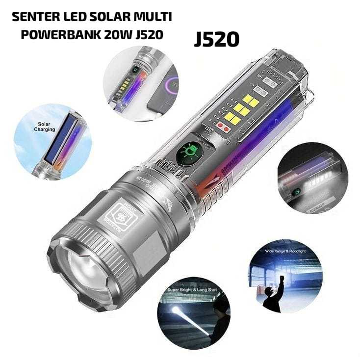J520 ORIGINAL LAMPU CAS POWER BANK PB SENTER LED LASER ZOOM POWERBANK TYPE C MULTIFUNGSI SENTER CAHA