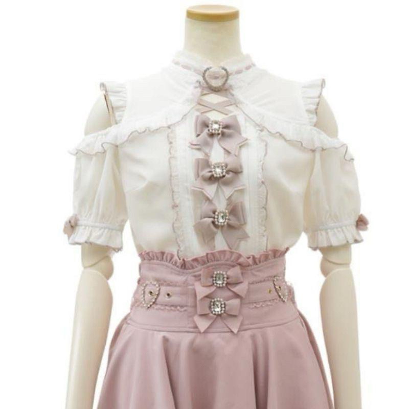(PRELOVED) liz lisa dupe pink white frilled blouse and skirt with bows (jirai kei/ryousangata)