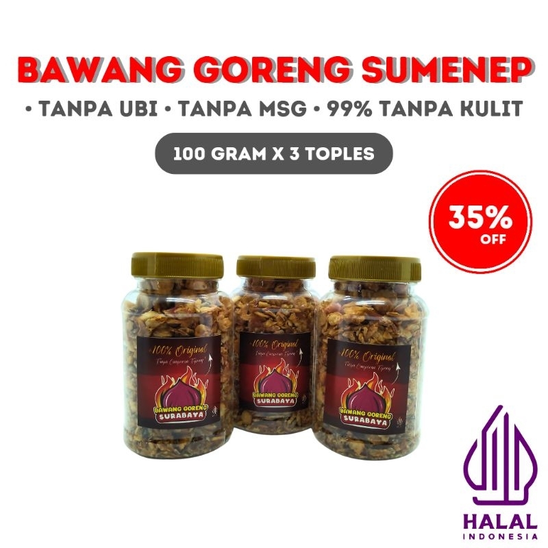 

Bawang Goreng Asli Sumenep ( 100gram x 3 Toples ) Tanpa MSG, Tanpa Campuran Ubi Spices