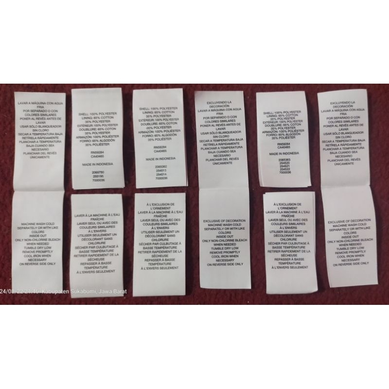 

Label Pakaian Label (Misc, Care, Flag) Label wash, Label Kerah,/Samping uk.(2,5x10)cm