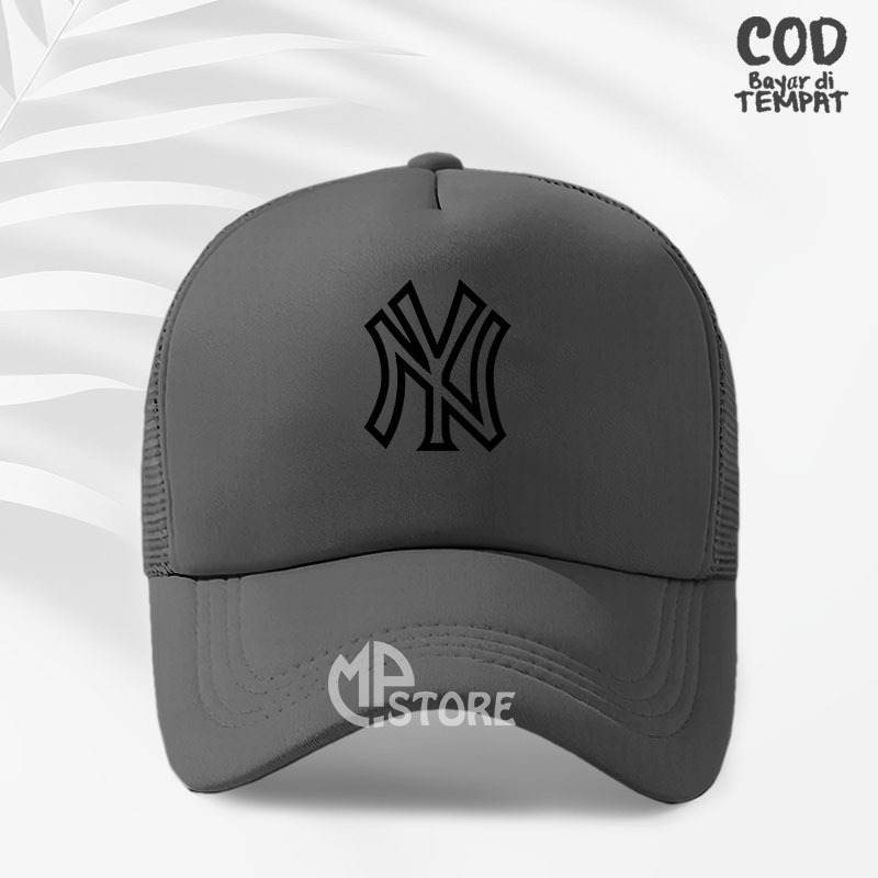COD Topi distro Pria Wanita Terkeren NY Text Hitam Premium Quality - Topi Trucker Jaring Quality