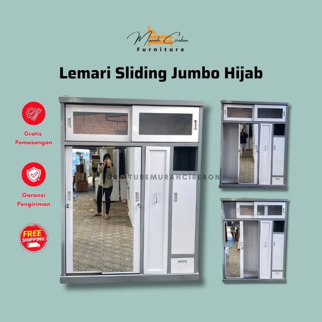Lemari Pakaian Jumbo Sliding & Tempat Hijab - Lemari 3 Pintu Model Sliding - Lemari Baju Mewah