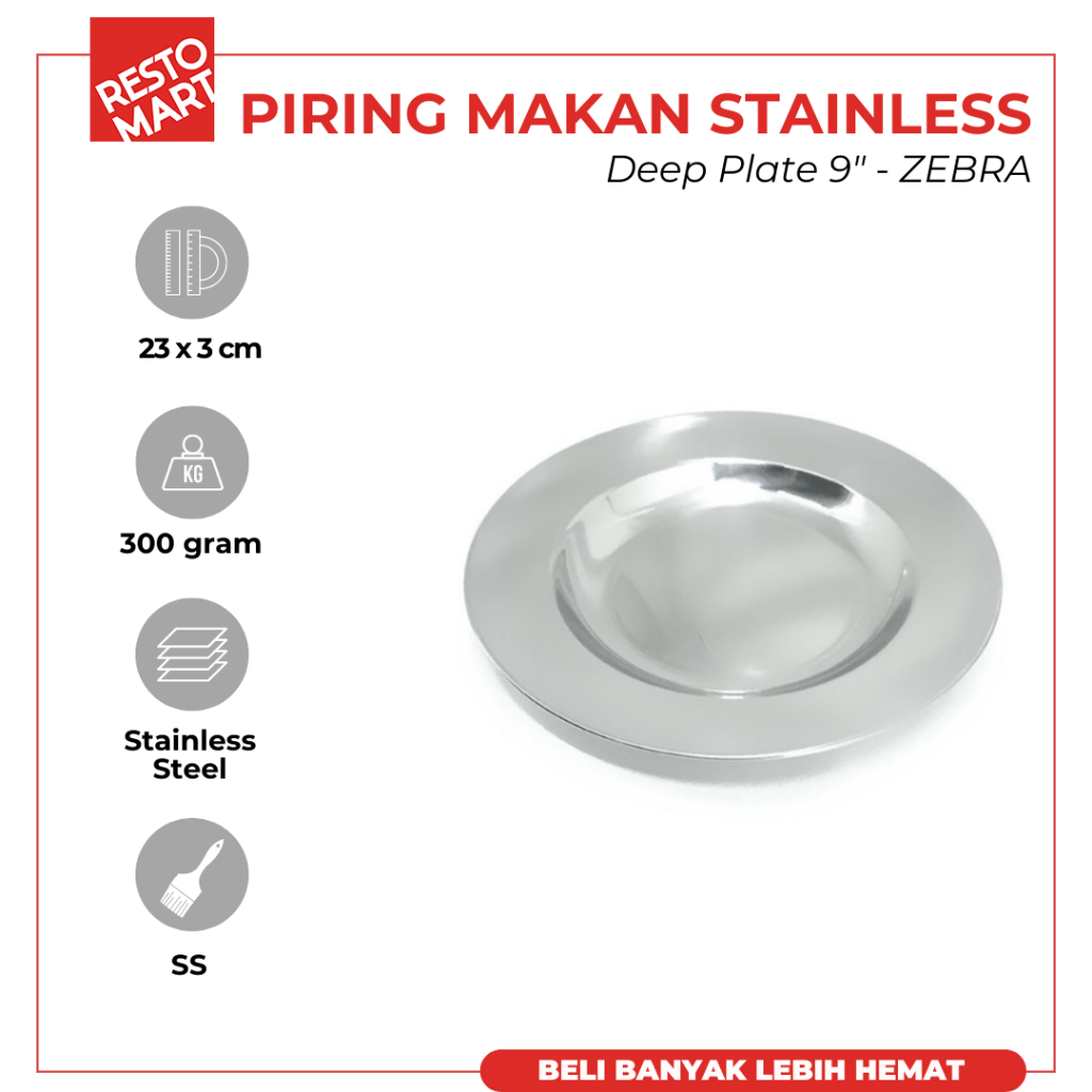 Piring Makan Stainless 23 cm / Deep Plate 9" ZEBRA Stainless Steel 304 (0811027) (F0)