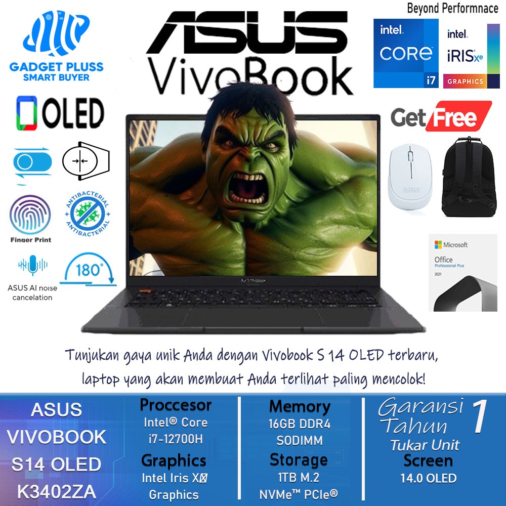Asus vivobook S14 OLED K3402ZA Intel Evo Core i7 12700H 16GB 2TB SSD 2.8K Windows 11 Office Black