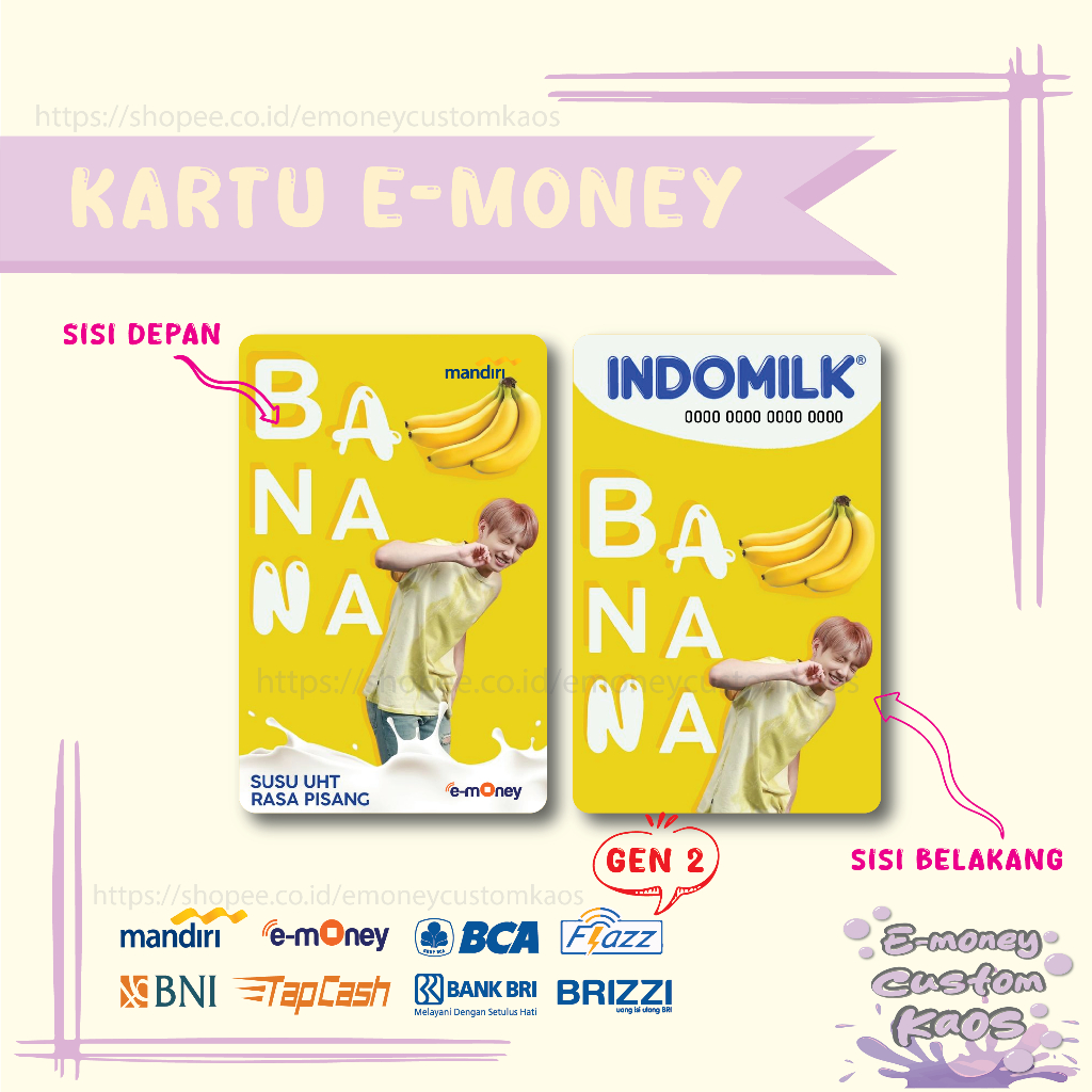 KARTU EMONEY BTS JUNGKOOK BANANA MILK INDOMILK MANDIRI FLAZZ BCA GEN 2 BNI TAPCASH BRIZZI BRI 2 SISI
